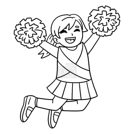 Illustration for A cute and funny coloring page of a Girl Cheerleader Jumping with Pompoms. Provides hours of coloring fun for children. To color, this page is very easy. Suitable for little kids and toddlers. - Royalty Free Image