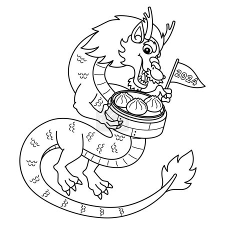 A cute and funny coloring page of a Year of the Dragon Holding a Dumpling. Provides hours of coloring fun for children. To color, this page is very easy. Suitable for little kids and toddlers.