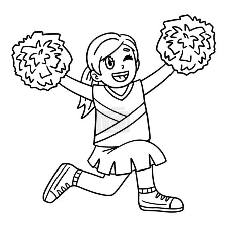 Illustration for A cute and funny coloring page of a Girl Cheerleader Kneeling with Pompoms. Provides hours of coloring fun for children. To color, this page is very easy. Suitable for little kids and toddlers. - Royalty Free Image