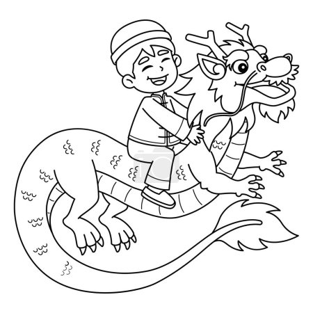 Illustration for A cute and funny coloring page of a Year of the Dragon Boy Riding a Dragon. Provides hours of coloring fun for children. To color, this page is very easy. Suitable for little kids and toddlers. - Royalty Free Image
