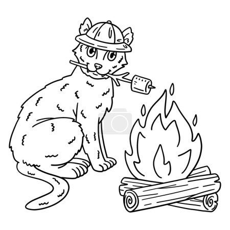 Illustration for A cute and funny coloring page of a Camping Cat Roasting Marshmallows. Provides hours of coloring fun for children. To color, this page is very easy. Suitable for little kids and toddlers. - Royalty Free Image