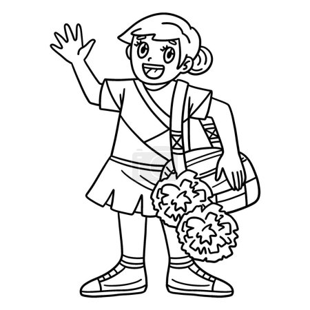 Illustration for A cute and funny coloring page of a Girl with a Sports Bag and Pompoms. Provides hours of coloring fun for children. To color, this page is very easy. Suitable for little kids and toddlers. - Royalty Free Image