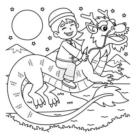 Ilustración de Una página para colorear lindo y divertido de un Año del Niño Dragón Montar un Dragón. Proporciona horas de diversión para colorear para los niños. Para colorear, esta página es muy fácil. Apto para niños pequeños y niños pequeños. - Imagen libre de derechos