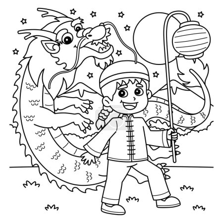 Una página para colorear lindo y divertido de un año del niño chino dragón con linterna. Proporciona horas de diversión para colorear para los niños. Para colorear, esta página es muy fácil. Apto para niños pequeños y niños pequeños.