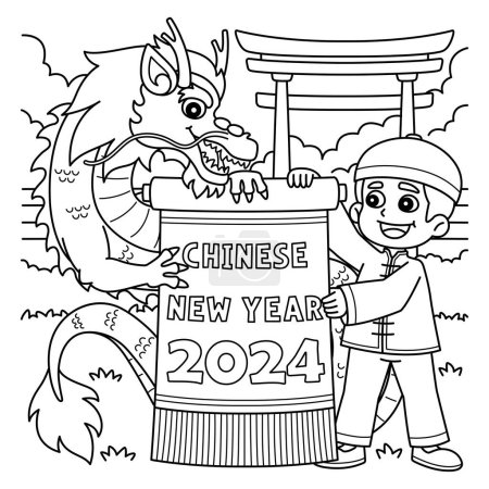 Illustration for A cute and funny coloring page for the Year of the Dragon Chinese New Year 2024. Provides hours of coloring fun for children. To color, this page is very easy. Suitable for little kids and toddlers. - Royalty Free Image