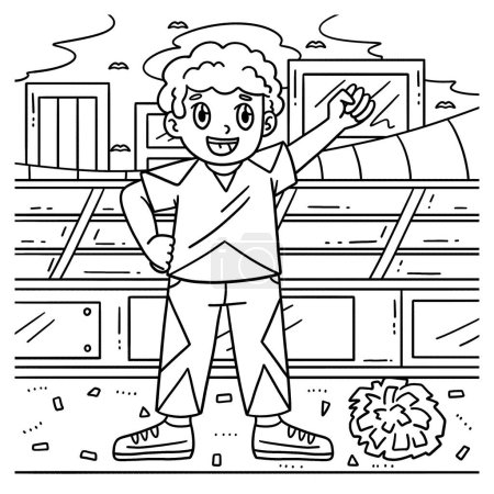 Illustration for A cute and funny coloring page of a Cheerleading Boy Cheerleader Raising an Arm. Provides hours of coloring fun for children. To color, this page is very easy. Suitable for little kids and toddlers. - Royalty Free Image