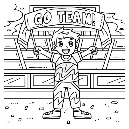 Illustration for A cute and funny coloring page of a Cheerleading Boy Cheerleader with a Banner. Provides hours of coloring fun for children. To color, this page is very easy. Suitable for little kids and toddlers. - Royalty Free Image