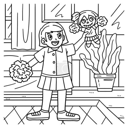 Illustration for A cute and funny coloring page of a Cheerleading Girl with a Cheerleader Doll. Provides hours of coloring fun for children. To color, this page is very easy. Suitable for little kids and toddlers. - Royalty Free Image
