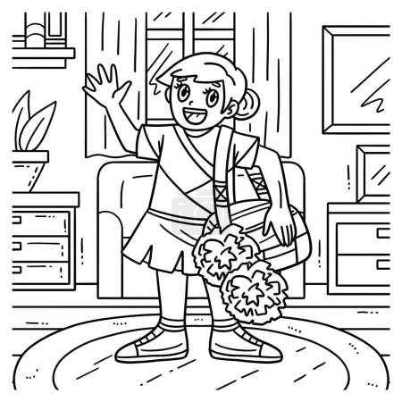 Illustration for A cute and funny coloring page of a Cheerleader Girl with a Sports Bag. Provides hours of coloring fun for children. To color, this page is very easy. Suitable for little kids and toddlers. - Royalty Free Image