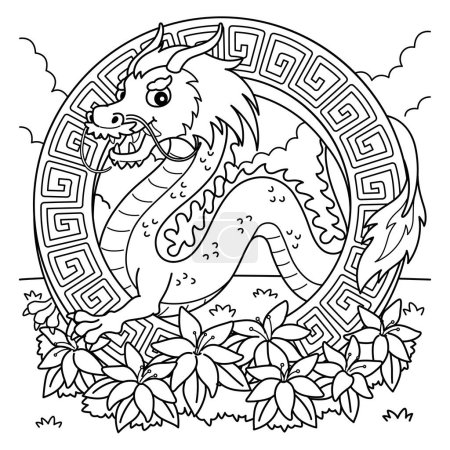 Illustration for A cute and funny coloring page of a Year of the Dragon with Flowers. Provides hours of coloring fun for children. To color, this page is very easy. Suitable for little kids and toddlers. - Royalty Free Image