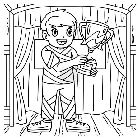 Illustration for A cute and funny coloring page of a Cheerleading Cheerleader Boy with a Trophy. Provides hours of coloring fun for children. To color, this page is very easy. Suitable for little kids and toddlers. - Royalty Free Image