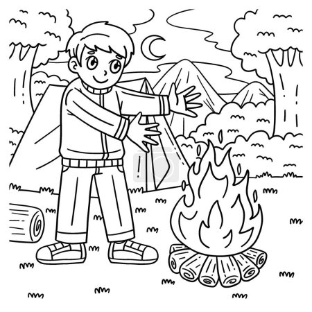 Illustration for A cute and funny coloring page of a Camping Camper Warming Hands by the Fire. Provides hours of coloring fun for children. To color, this page is very easy. Suitable for little kids and toddlers. - Royalty Free Image