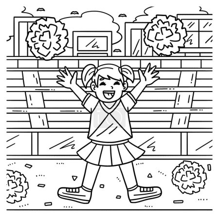 Illustration for A cute and funny coloring page of a Cheerleading Girl Cheerleader with Pompoms. Provides hours of coloring fun for children. To color, this page is very easy. Suitable for little kids and toddlers. - Royalty Free Image