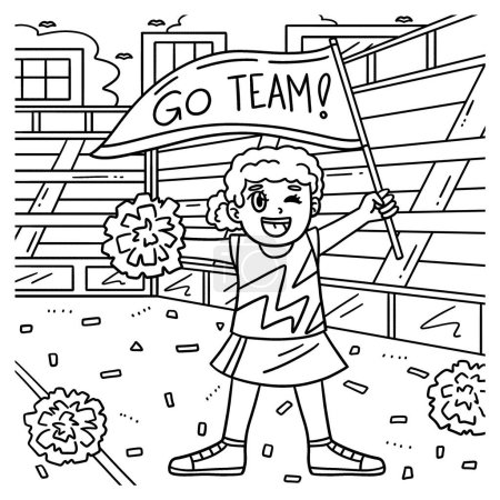 Illustration for A cute and funny coloring page of a Cheerleading Girl Cheerleader with a Banner. Provides hours of coloring fun for children. To color, this page is very easy. Suitable for little kids and toddlers. - Royalty Free Image