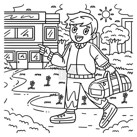 Illustration for A cute and funny coloring page of a Cheerleading Boy Cheerleader Walking. Provides hours of coloring fun for children. To color, this page is very easy. Suitable for little kids and toddlers. - Royalty Free Image
