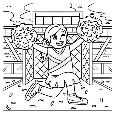 Illustration for A cute and funny coloring page of a Cheerleading Girl Cheerleader Kneeling. Provides hours of coloring fun for children. To color, this page is very easy. Suitable for little kids and toddlers. - Royalty Free Image