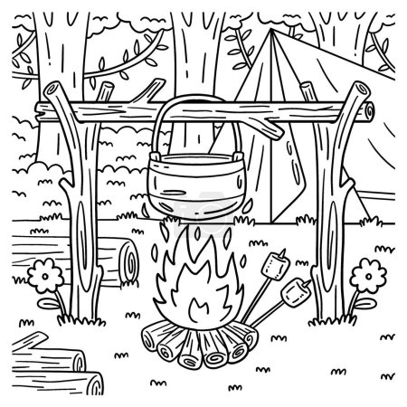 Illustration for A cute and funny coloring page of a Camping Cooking Pot Over a Bonfire. Provides hours of coloring fun for children. To color, this page is very easy. Suitable for little kids and toddlers. - Royalty Free Image