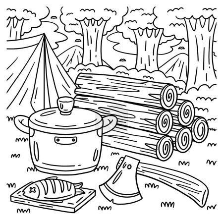 Illustration for A cute and funny coloring page of Camping Logs, Ax, and Cooking Pot. Provides hours of coloring fun for children. To color, this page is very easy. Suitable for little kids and toddlers. - Royalty Free Image