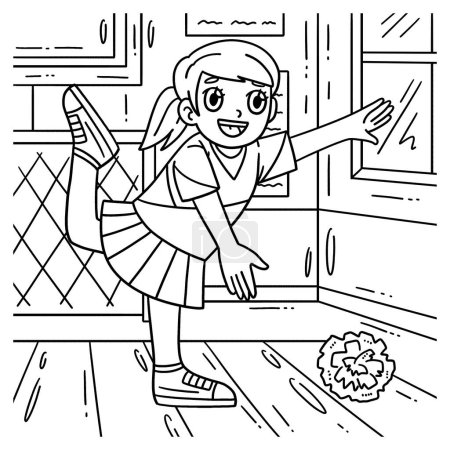 Illustration for A cute and funny coloring page of a Cheerleading Girl Cheerleader Stretching. Provides hours of coloring fun for children. To color, this page is very easy. Suitable for little kids and toddlers. - Royalty Free Image