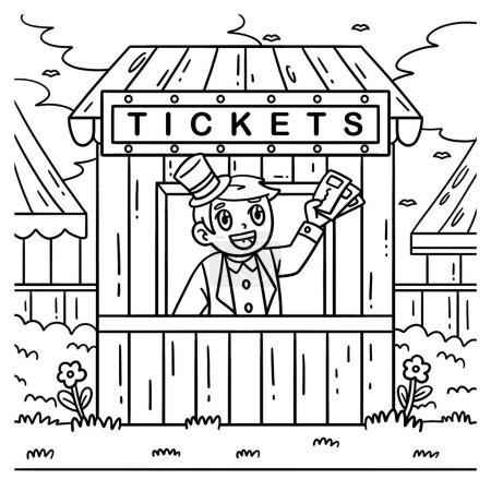 Illustration for A cute and funny coloring page of a Circus Seller and Ticket Booth. Provides hours of coloring fun for children. To color, this page is very easy. Suitable for little kids and toddlers. - Royalty Free Image