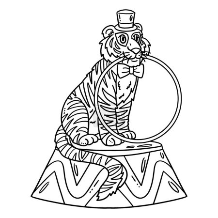 Illustration for A cute and funny coloring page of a Circus Tiger Biting a Hula Hoop. Provides hours of coloring fun for children. To color, this page is very easy. Suitable for little kids and toddlers. - Royalty Free Image