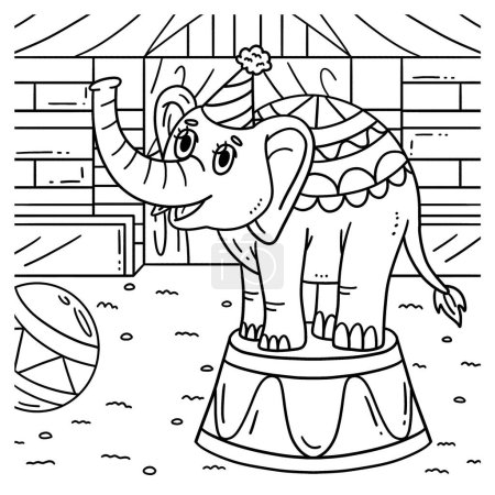 Illustration for A cute and funny coloring page of an Elephant on the Circus Podium. Provides hours of coloring fun for children. To color, this page is very easy. Suitable for little kids and toddlers. - Royalty Free Image