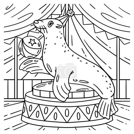 Illustration for A cute and funny coloring page of a Circus Sea Lion and Ball. Provides hours of coloring fun for children. To color, this page is very easy. Suitable for little kids and toddlers. - Royalty Free Image