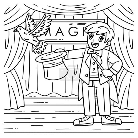 Illustration for A cute and funny coloring page of a Circus Magician with a Hat and Dove. Provides hours of coloring fun for children. To color, this page is very easy. Suitable for little kids and toddlers. - Royalty Free Image