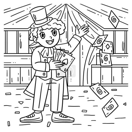 Illustration for A cute and funny coloring page of a Circus master with cards. Provides hours of coloring fun for children. To color, this page is very easy. Suitable for little kids and toddlers. - Royalty Free Image