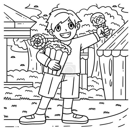 Illustration for A cute and funny coloring page of a Child with Circus Treats. Provides hours of coloring fun for children. To color, this page is very easy. Suitable for little kids and toddlers. - Royalty Free Image