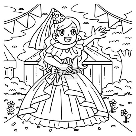 Illustration for A cute and funny coloring page of a Circus Girl in a Princess Costume. Provides hours of coloring fun for children. To color, this page is very easy. Suitable for little kids and toddlers. - Royalty Free Image