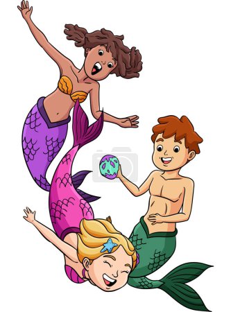This cartoon clipart shows a Mermaid and a Merman Playing illustration.