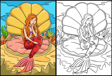 This coloring page shows a Beautiful Mermaid Sitting in a Clam Shell. One side of this illustration is colored and serves as an inspiration for children.