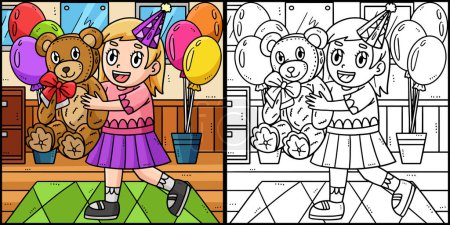 Ilustración de Esta página para colorear muestra a una chica de cumpleaños sosteniendo un oso de peluche. Un lado de esta ilustración es de color y sirve como inspiración para los niños. - Imagen libre de derechos