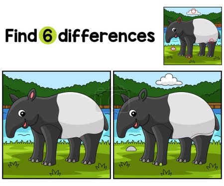 Illustration for Find or spot the differences on this Tapir Animal Kids activity page. A funny and educational puzzle-matching game for children. - Royalty Free Image
