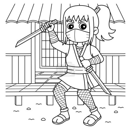 Illustration for A cute and funny coloring page of a Ninja kunoichi with Two Short Katanas. Provides hours of coloring fun for children. To color, this page is very easy. Suitable for little kids and toddlers. - Royalty Free Image