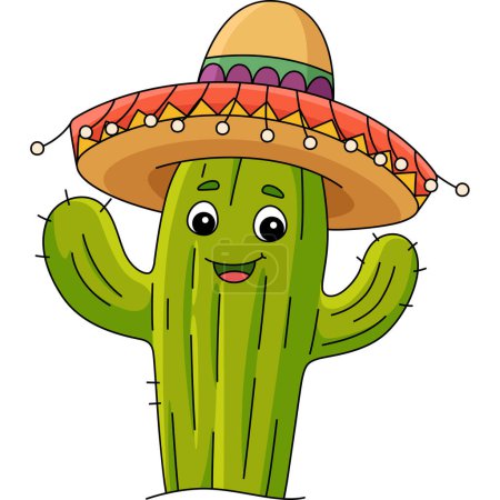 Téléchargez les illustrations : Ce clipart de bande dessinée montre un cactus avec une illustration Sombrero. - en licence libre de droit