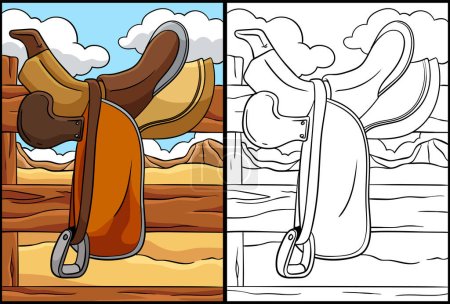 Illustration for This coloring page shows a Cowboy Horse Riding Saddle. One side of this illustration is colored and serves as an inspiration for children. - Royalty Free Image