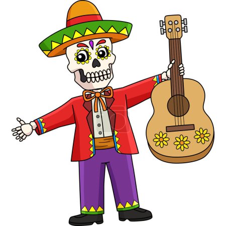 Téléchargez les illustrations : Ce clipart de bande dessinée montre une illustration mexicaine Mariachi Skeleton. - en licence libre de droit