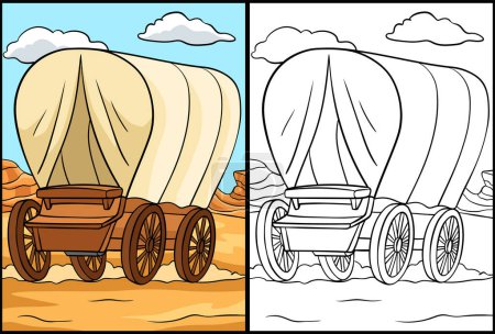Diese Malseite zeigt einen Cowboy Planwagen. Eine Seite dieser Illustration ist farbig und dient Kindern als Inspiration.