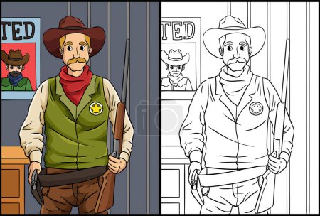 Illustration for This coloring page shows a Cowboy Sheriff. One side of this illustration is colored and serves as an inspiration for children. - Royalty Free Image