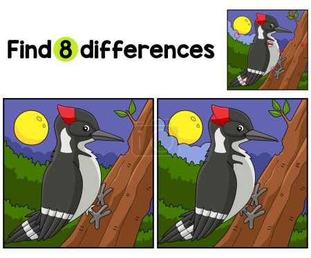 Ilustración de Encuentra o detecta las diferencias en esta página de actividades para niños de Woodpecker Bird Animal. Un divertido y educativo juego de puzzle a juego para los niños. - Imagen libre de derechos