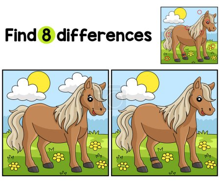 Ilustración de Encuentra o detecta las diferencias en esta página de actividades de Pony Animal Kids. Un divertido y educativo juego de puzzle a juego para los niños. - Imagen libre de derechos