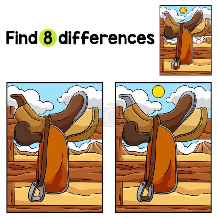 Illustration for Find or spot the differences on this Cowboy Horse Riding Saddle kids activity page. A funny and educational puzzle-matching game for children. - Royalty Free Image