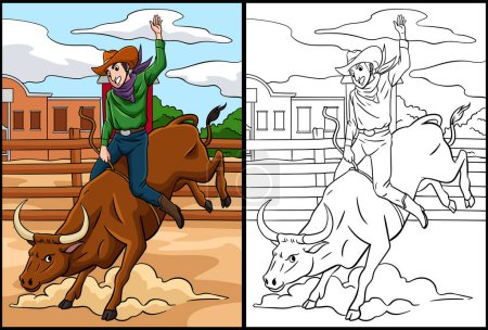 Ilustración de Esta página para colorear muestra un Cowboy Bull Rider. Un lado de esta ilustración es de color y sirve como inspiración para los niños. - Imagen libre de derechos