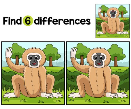 Ilustración de Encuentra o detecta las diferencias en esta página de actividades de Gibbon Animal Kids. Un divertido y educativo juego de puzzle a juego para los niños. - Imagen libre de derechos