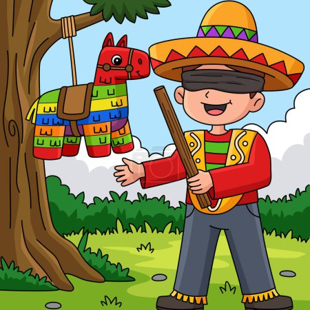 Téléchargez les illustrations : Cette clipart de bande dessinée montre un garçon mexicain Cinco de Mayo avec une illustration Pinata. - en licence libre de droit