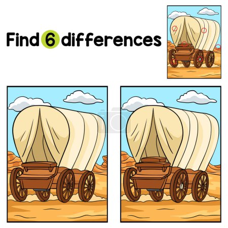 Ilustración de Encuentra o detecta las diferencias en esta página de actividades para niños Cowboy Covered Wagon. Un divertido y educativo juego de puzzle a juego para los niños. - Imagen libre de derechos