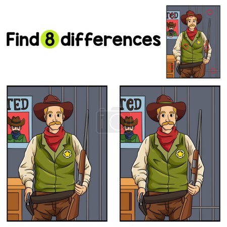 Illustration for Find or spot the differences on this Cowboy Sheriff kids activity page. A funny and educational puzzle-matching game for children. - Royalty Free Image