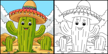 Téléchargez les illustrations : Cette page à colorier montre un cactus Cinco de Mayo avec Sombrero. Un côté de cette illustration est coloré et sert d'inspiration pour les enfants. - en licence libre de droit